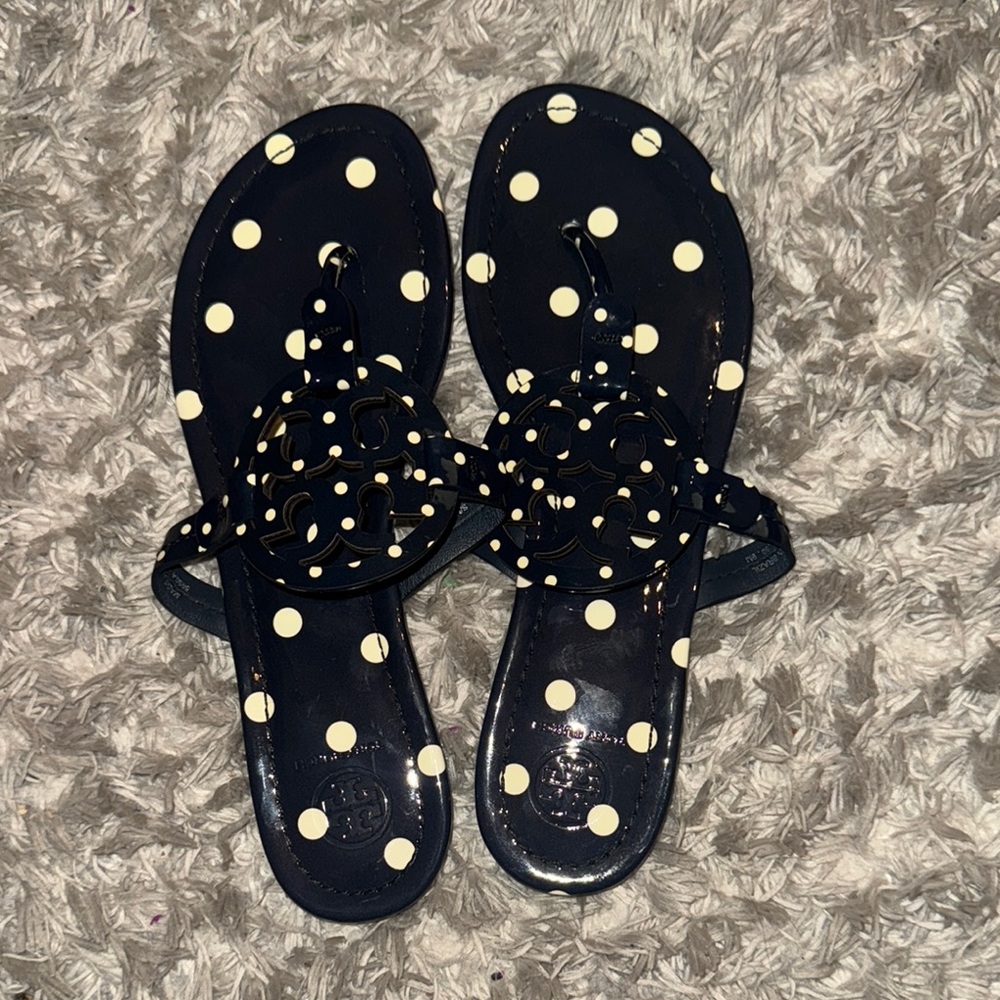 Tory Burch White and Blue Slide Sandals